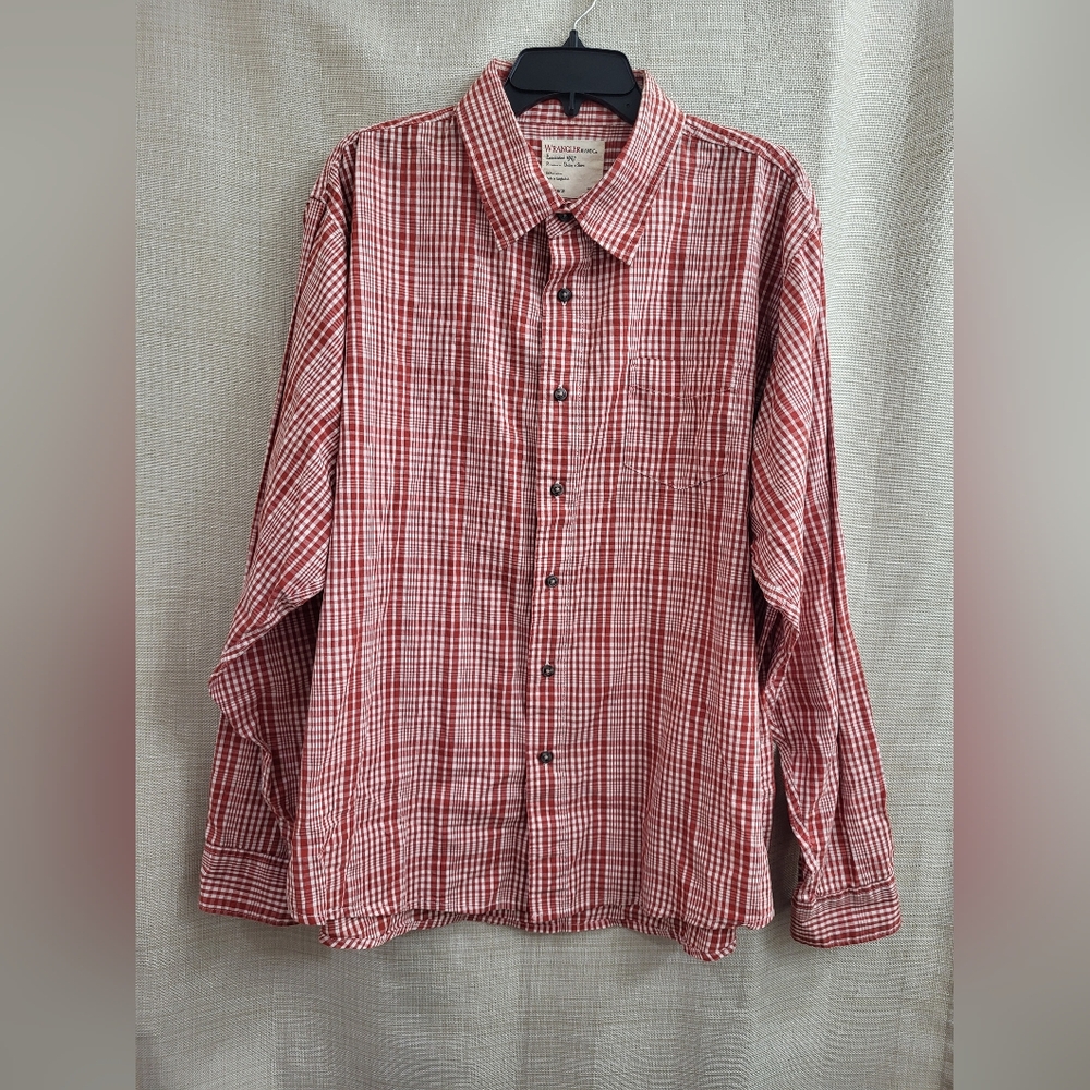 Wrangler Men's Red White Plaid Gingham Button Down Long Sleeve Shirt Size 2XL